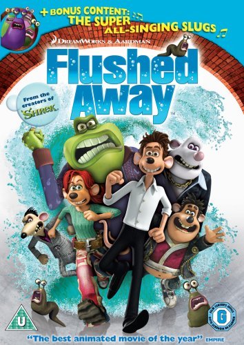 Flushed Away" DVD cover featuring animated characters and a brick background.