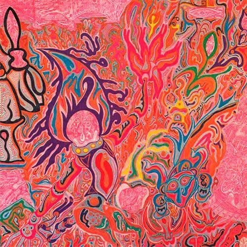Psychedelic album cover with figures, bright colors, and swirling patterns.