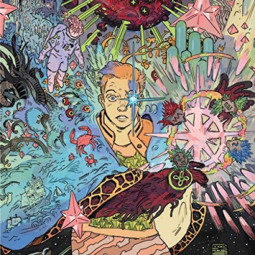 Colorful illustration of people and creatures in a surreal, cosmic landscape.