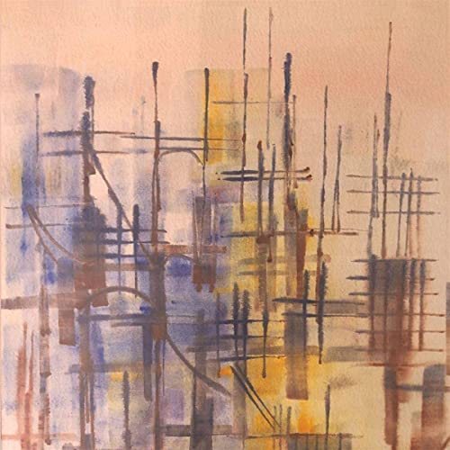 Abstract watercolor painting with vertical lines in blue, brown, and yellow.