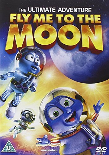Three blue animated flies in spacesuits floating in space with a large moon behind.