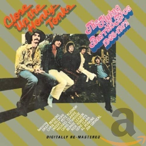 Album cover for The Flying Burrito Brothers featuring five band members sitting on a fence.