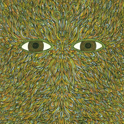 Two eyes centered in a dense field of swirling yellow and green lines.