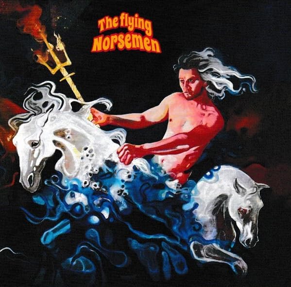 Painted album cover: man riding a white horse through swirling blue smoke.