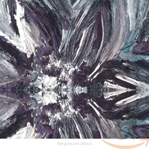 Abstract swirling grey and purple paint with band name below.