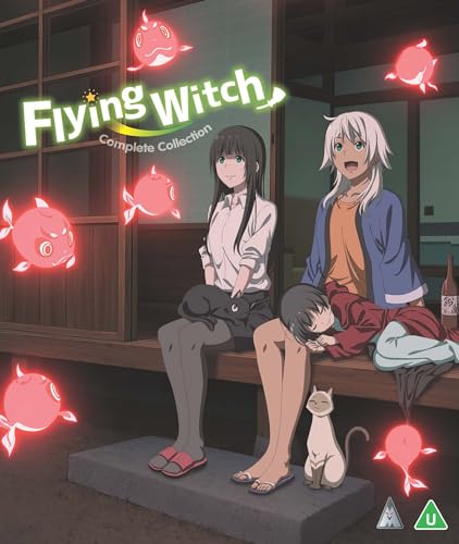 Anime characters sit on a porch with cats surrounded by glowing red floating fish.