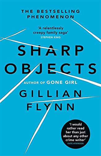 Book cover for “Sharp Objects” by Gillian Flynn, with white diagonal lines.