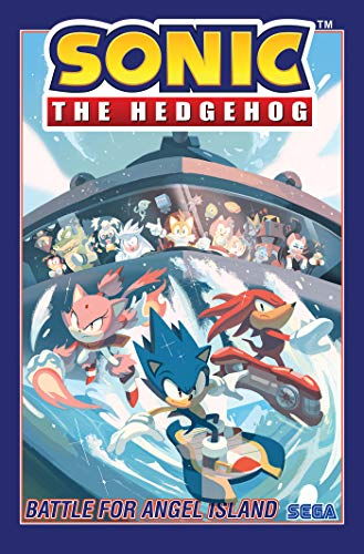Sonic the Hedgehog, Blaze, and Knuckles riding waves in front of a large ship.