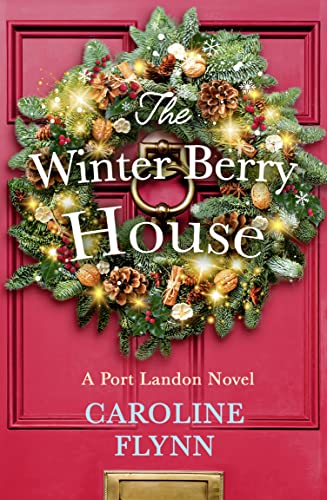 Red door with a festive winter wreath and book title overlay.