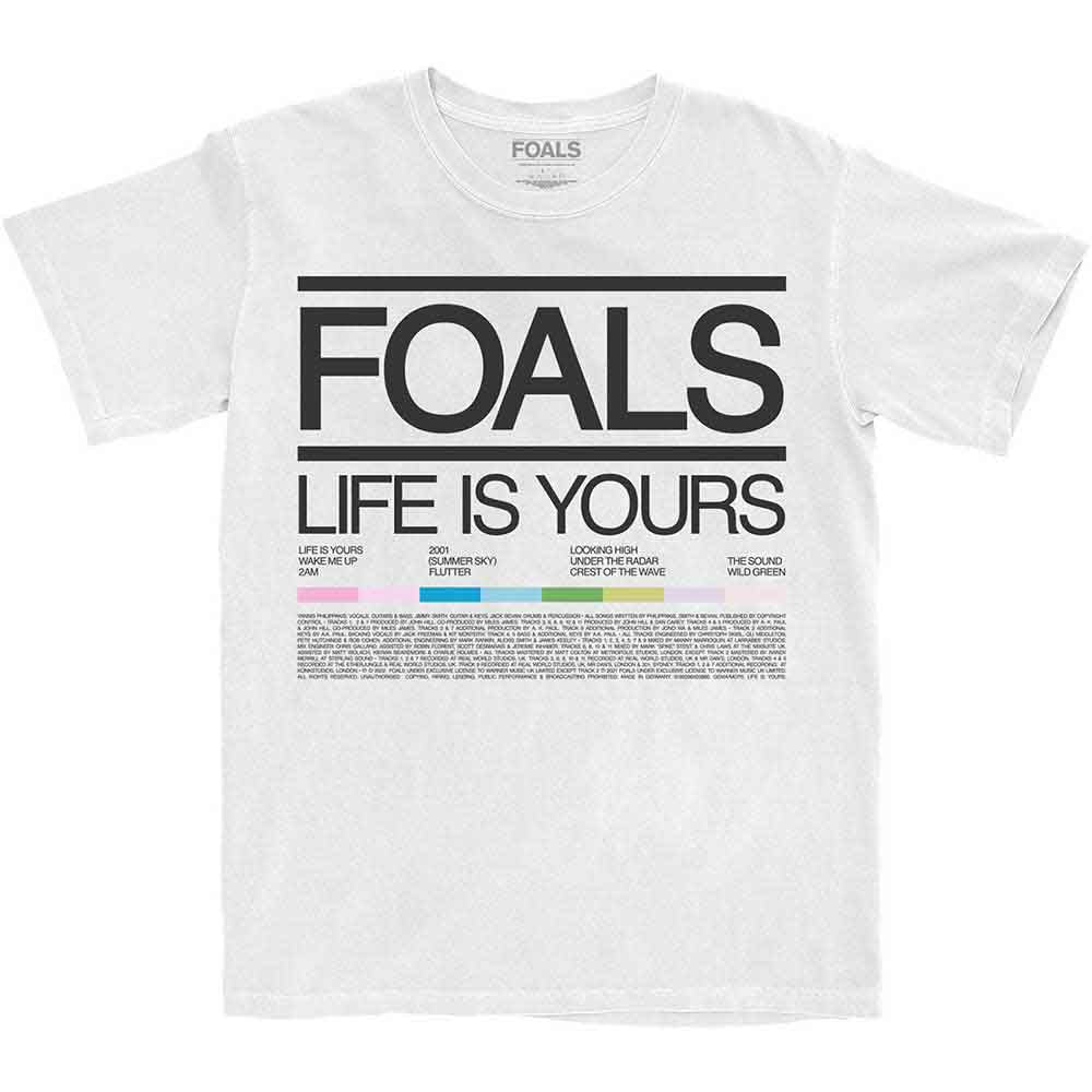 Black t-shirt displaying Foals’ “Life Is Yours” song list, size X-Large.