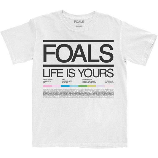 Black t-shirt displaying Foals’ “Life Is Yours” song list, size X-Large.