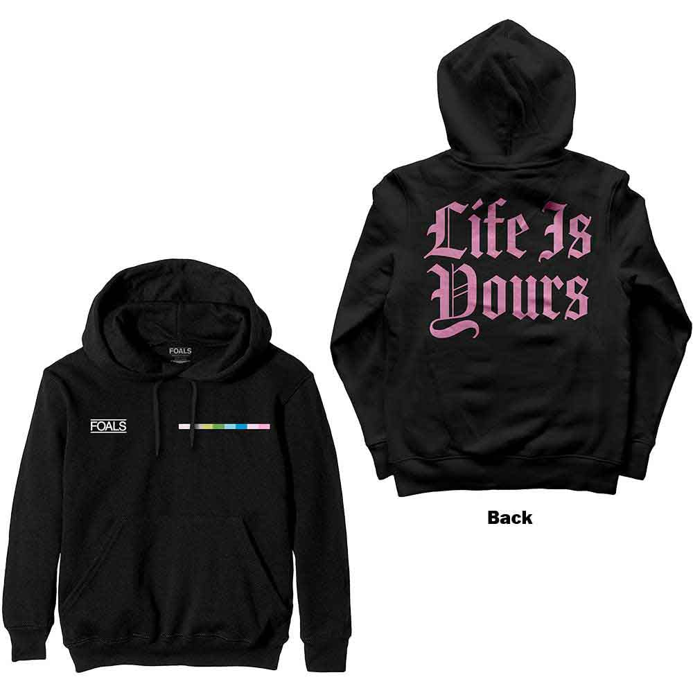 A black unisex pullover hoodie featuring white text on the back.