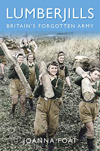 Women in wartime work clothes carrying logs in a forest.