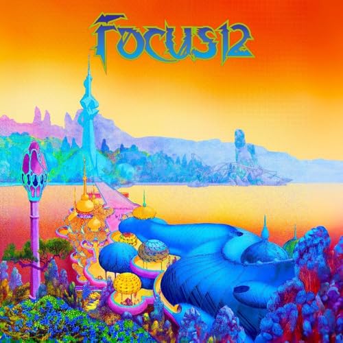 Surreal landscape with blue structures, golden domes, and a sunset sky, titled Focus 12.