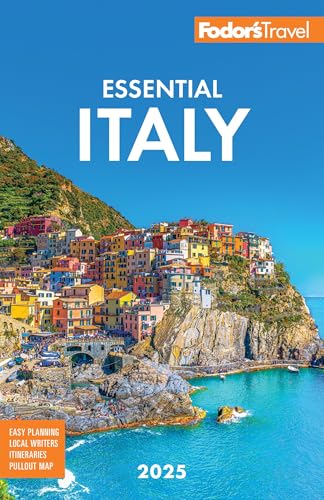 Fodor's Essential Italy 2025 guidebook cover featuring colorful coastal village.