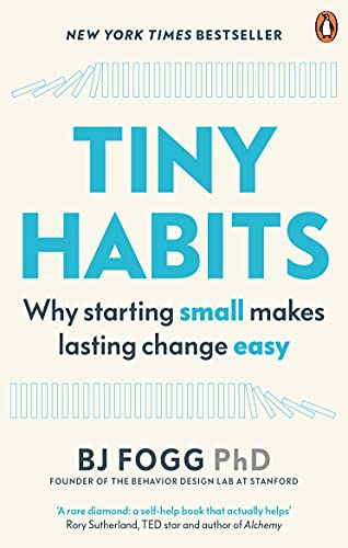 Book cover: “Tiny Habits” by BJ Fogg, teal text on white background.
