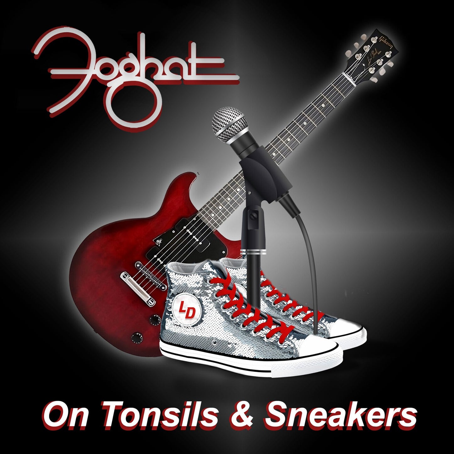 Foghat album cover featuring a guitar leaning on sneakers and a microphone.