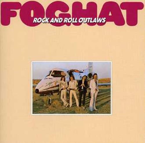 Foghat album cover: band posing near a small private airplane.