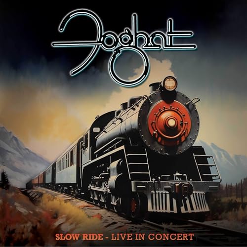 Foghat album cover: a steam train travels through a mountain landscape.