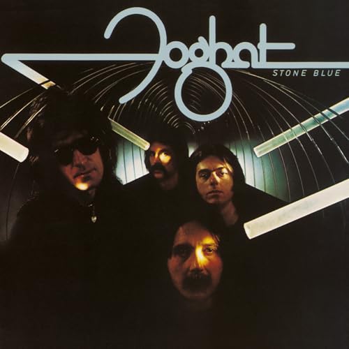 Album cover for Foghat Stone Blue showing four band members in a dark tunnel.