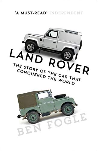 Book cover featuring a white Land Rover, a green vintage Land Rover, and text.