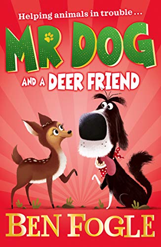 Cartoon dog and deer looking at each other, book cover art.