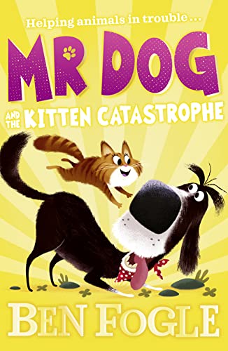 Book cover: a black dog with a kitten jumping on its back.