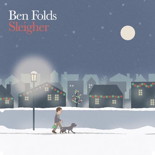 Album cover: man walking a dog in a snowy town at night.