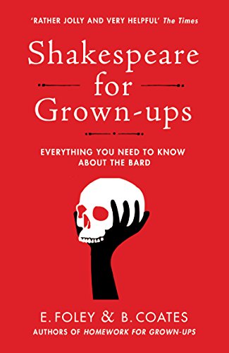 Red book cover with skull illustration and "Shakespeare for Grown-ups" title.