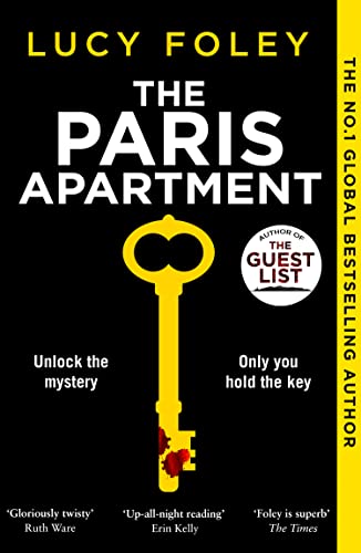 Book cover: "The Paris Apartment" with a golden key and red droplets.