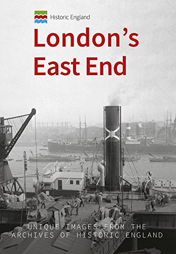 Historic London docks scene with ships, cranes, and workers in grayscale.