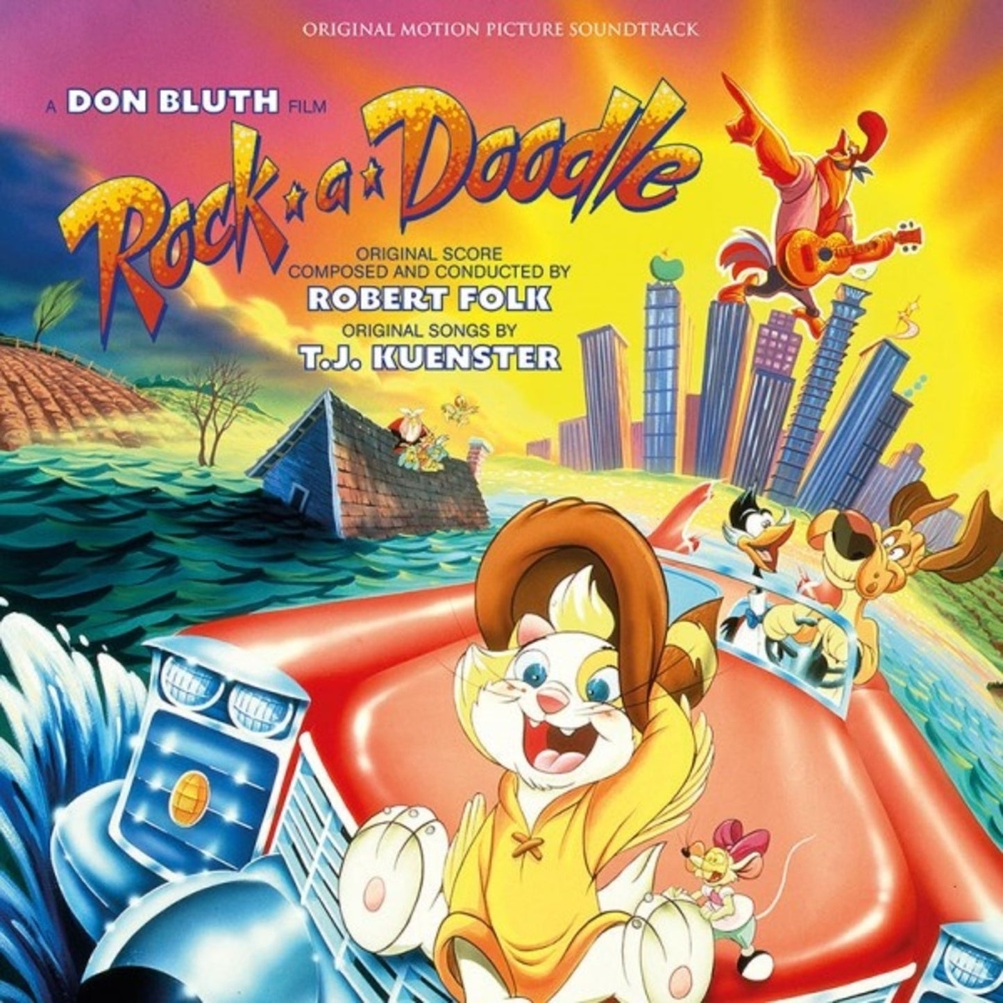 Rock-a-Doodle" CD cover featuring cartoon animals and a colorful cityscape.