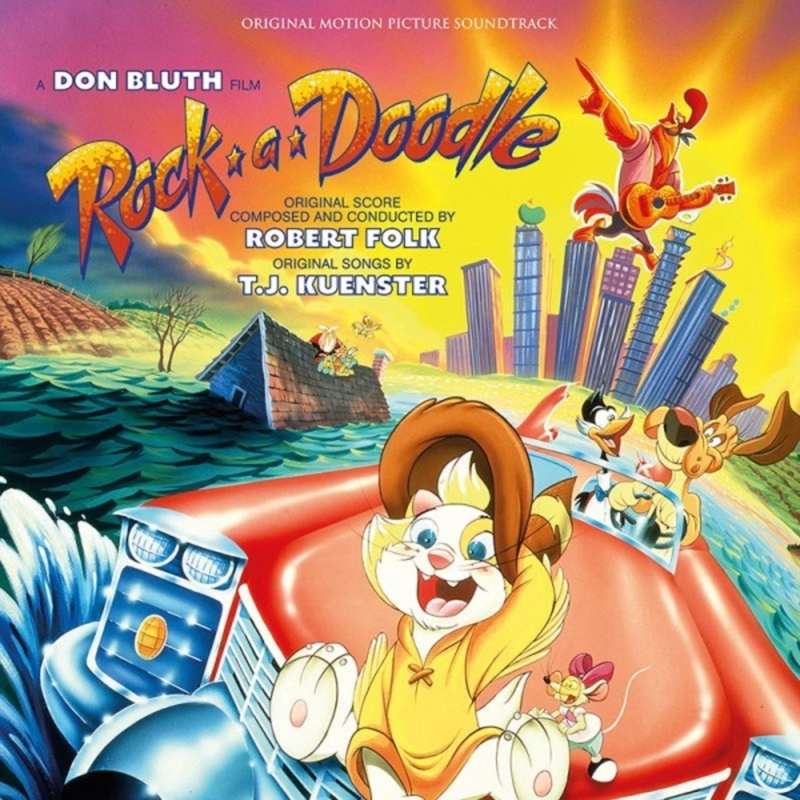 Rock-a-Doodle" CD cover featuring cartoon animals and a colorful cityscape.