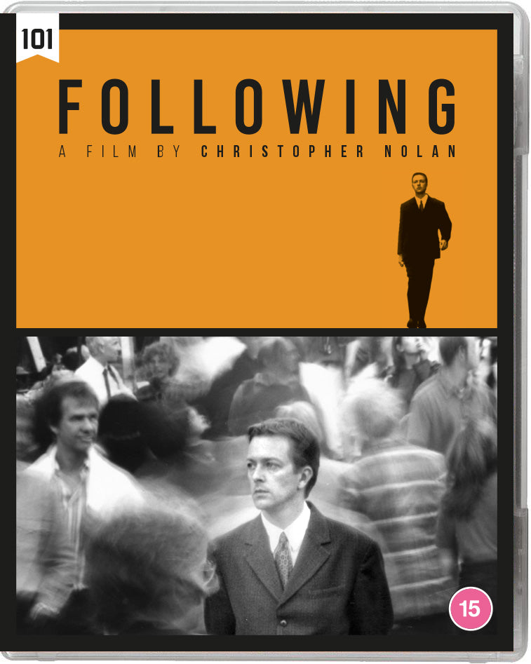 Blu-ray cover for "Following" featuring a man in a suit, film by Nolan.