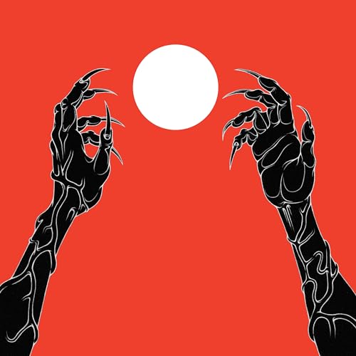 Black clawed hands reaching towards a white circle on a red background.