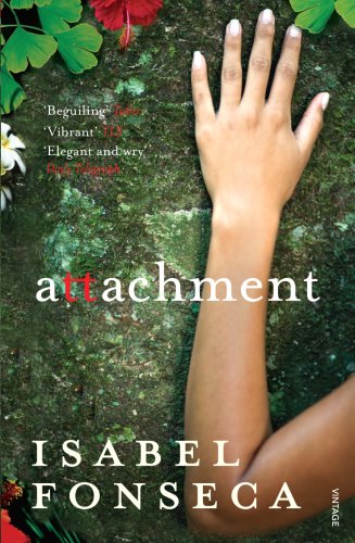 Book cover: a hand reaching towards tropical foliage, title “Attachment”.