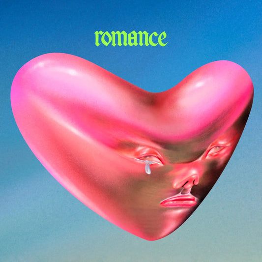 A pink, heart-shaped object with a human face crying against a blue background.
