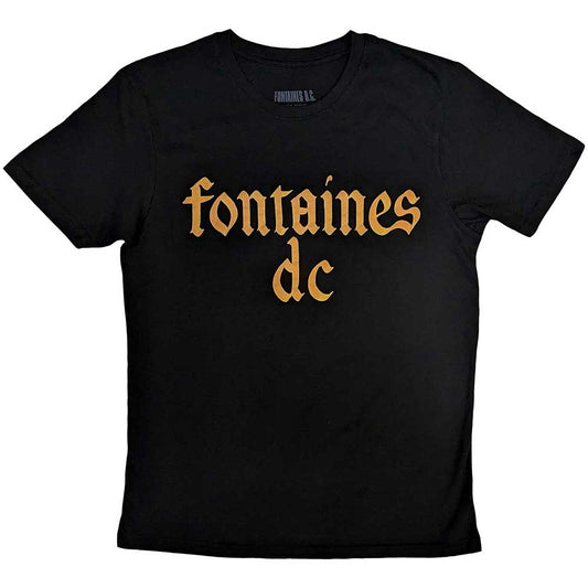 Black t-shirt with white gothic-style Fontaines D.C. band logo, size small.