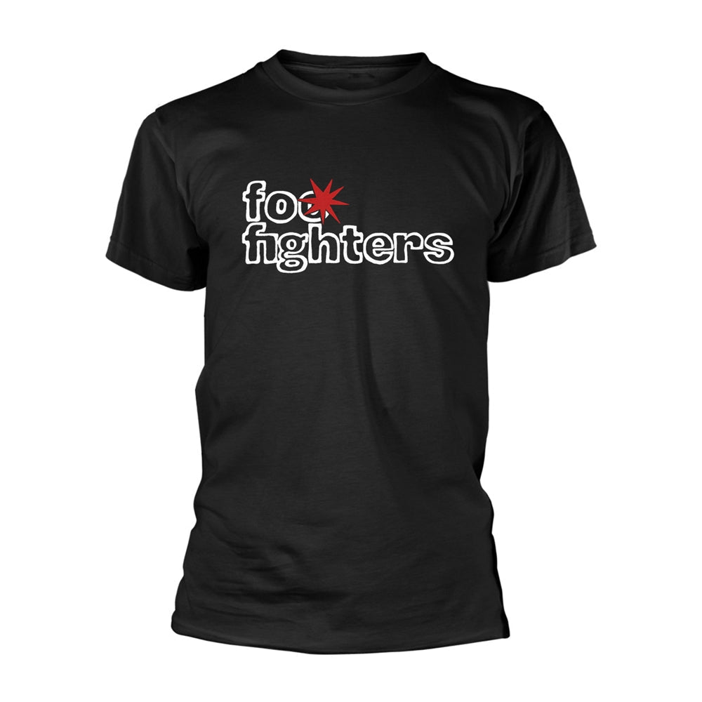 Black t-shirt with white "Foo Fighters" band logo and red star.