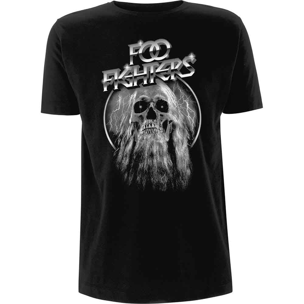 Black T-shirt featuring a Foo Fighters logo above a bearded skull and lightning graphic.