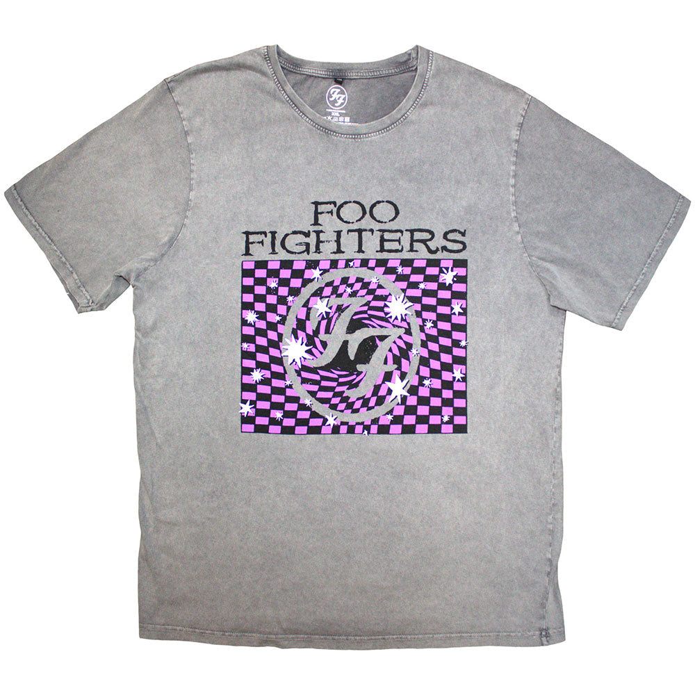 Grey stone-washed Foo Fighters t-shirt with a purple checkered graphic and logo.