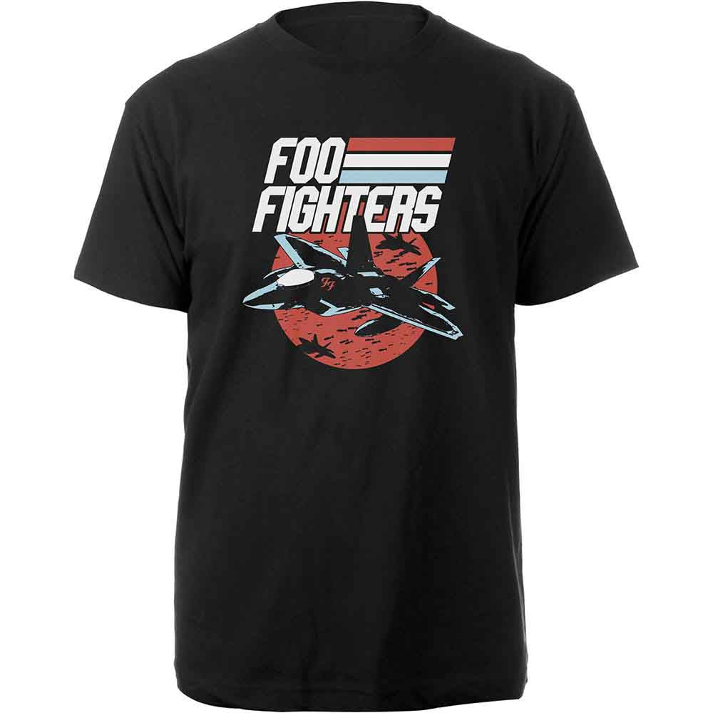 Black t-shirt with Foo Fighters logo, fighter jet graphic, and red circular background.