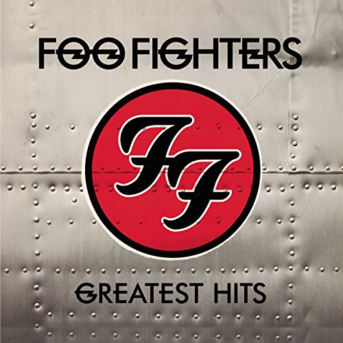 "Foo Fighters Greatest Hits CD cover with red logo on metal background."