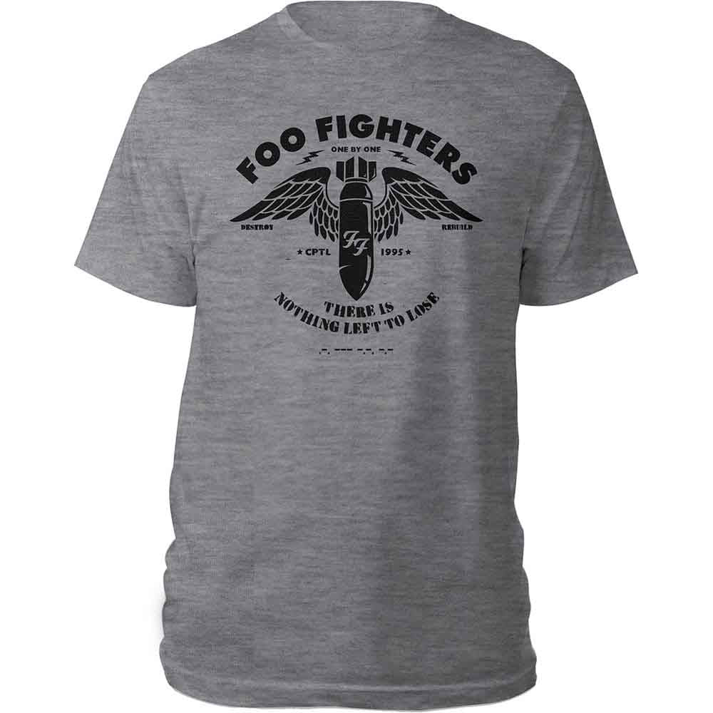 Grey Foo Fighters t-shirt featuring a black winged bomb graphic and band text.