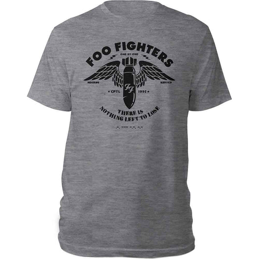Grey Foo Fighters t-shirt featuring a black winged bomb graphic and band text.