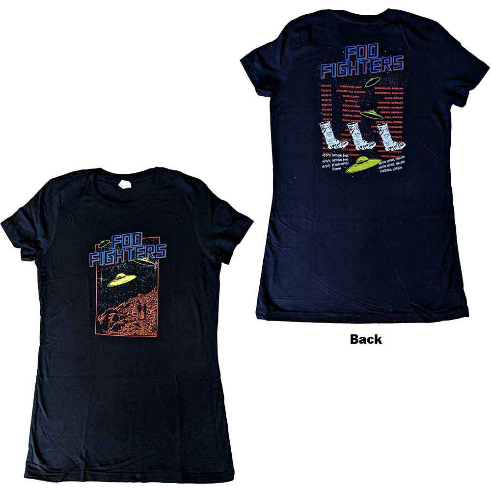 Black Foo Fighters ladies' t-shirt with UFOs and 2015 tour back print.