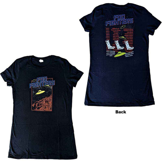 Black Foo Fighters ladies' t-shirt with UFOs and 2015 tour back print.