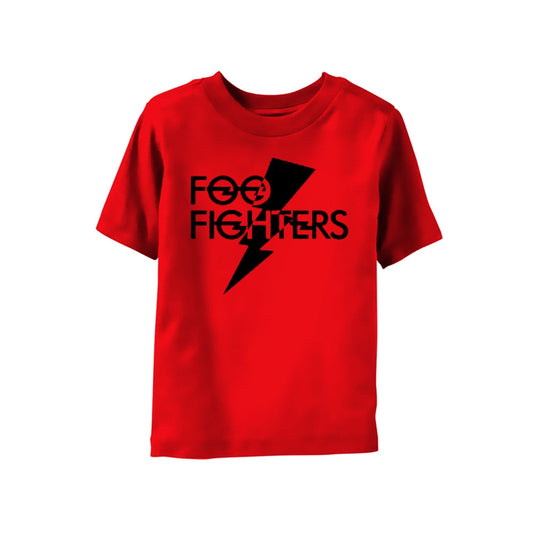 Red baby t-shirt with black Foo Fighters logo and lightning bolt.