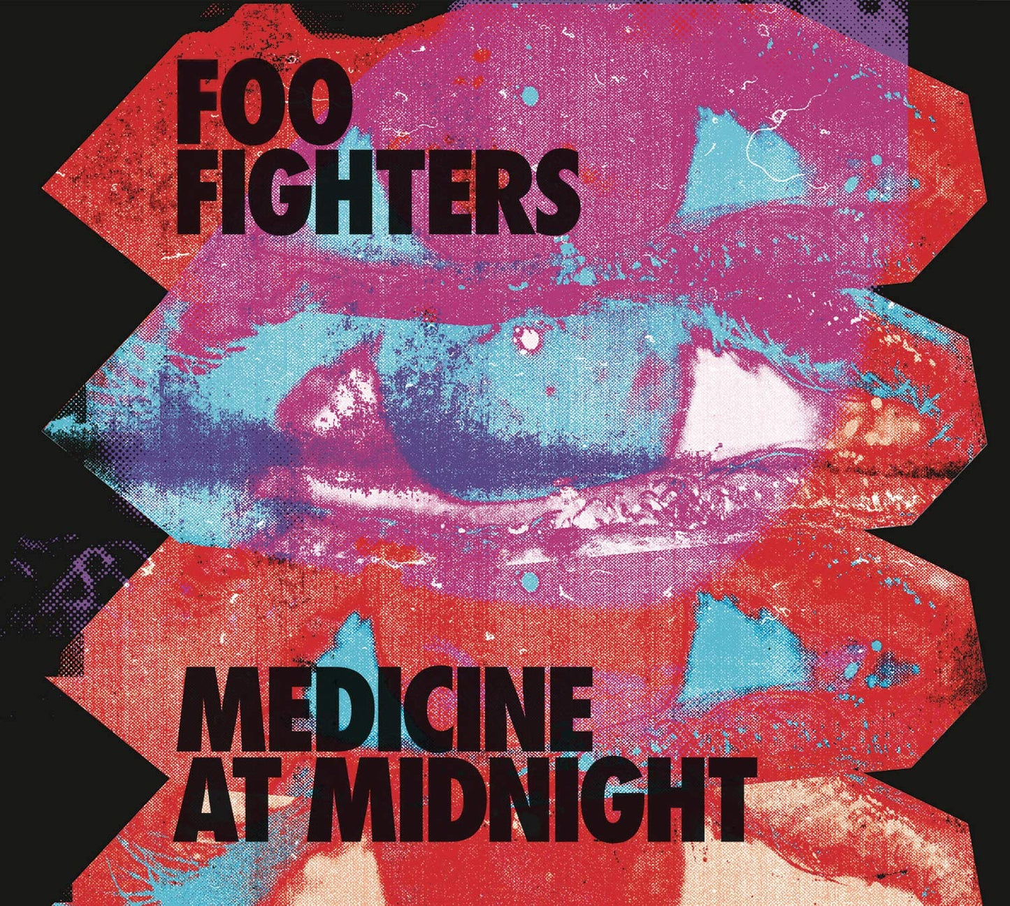 Foo Fighters album cover with abstract lips and bold black text on black background.