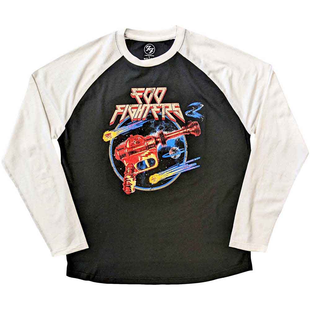 White and black baseball-style longsleeve shirt with Foo Fighters ray gun graphic print.
